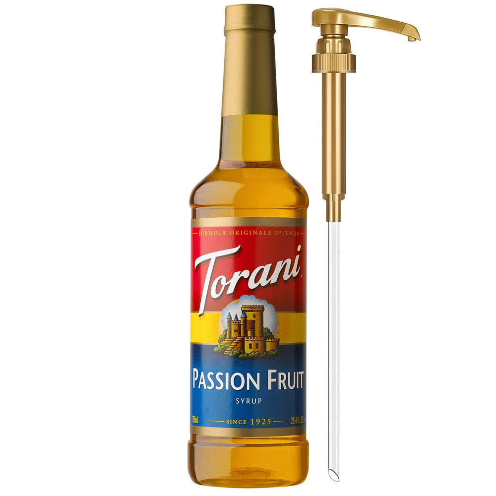 Torani Passion Fruit Syrup bottle with pump for easy, mess-free flavoring.
