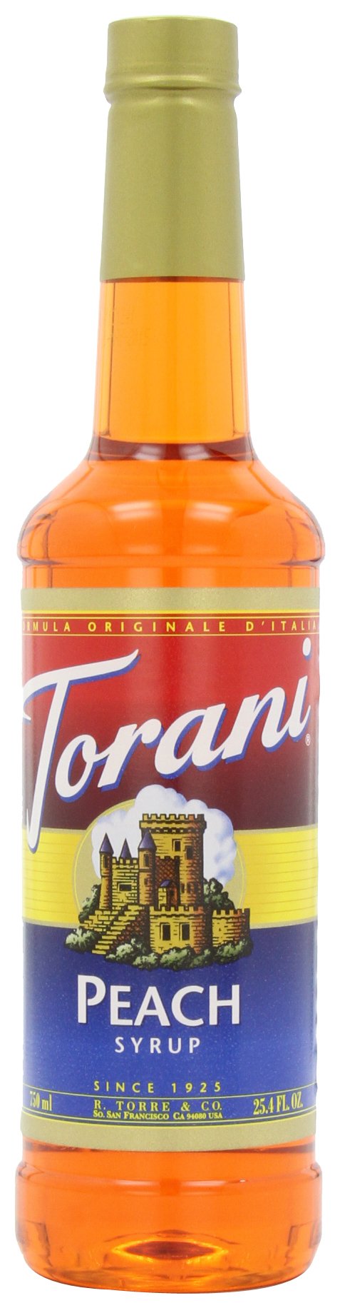 Torani Peach Syrup bottle front view, ideal for enriching coffees and sodas.