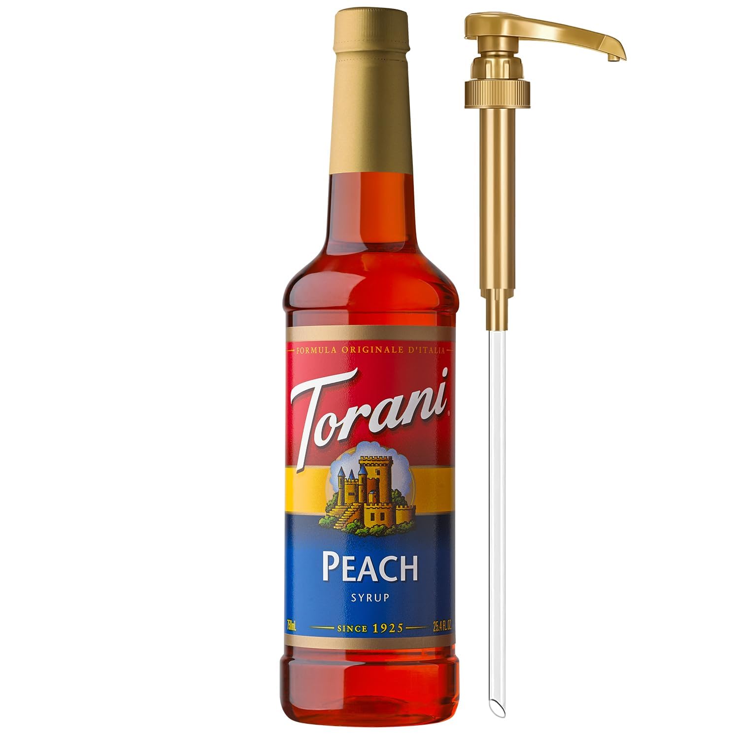 Torani Peach Syrup bottle with pump for quick drink flavoring