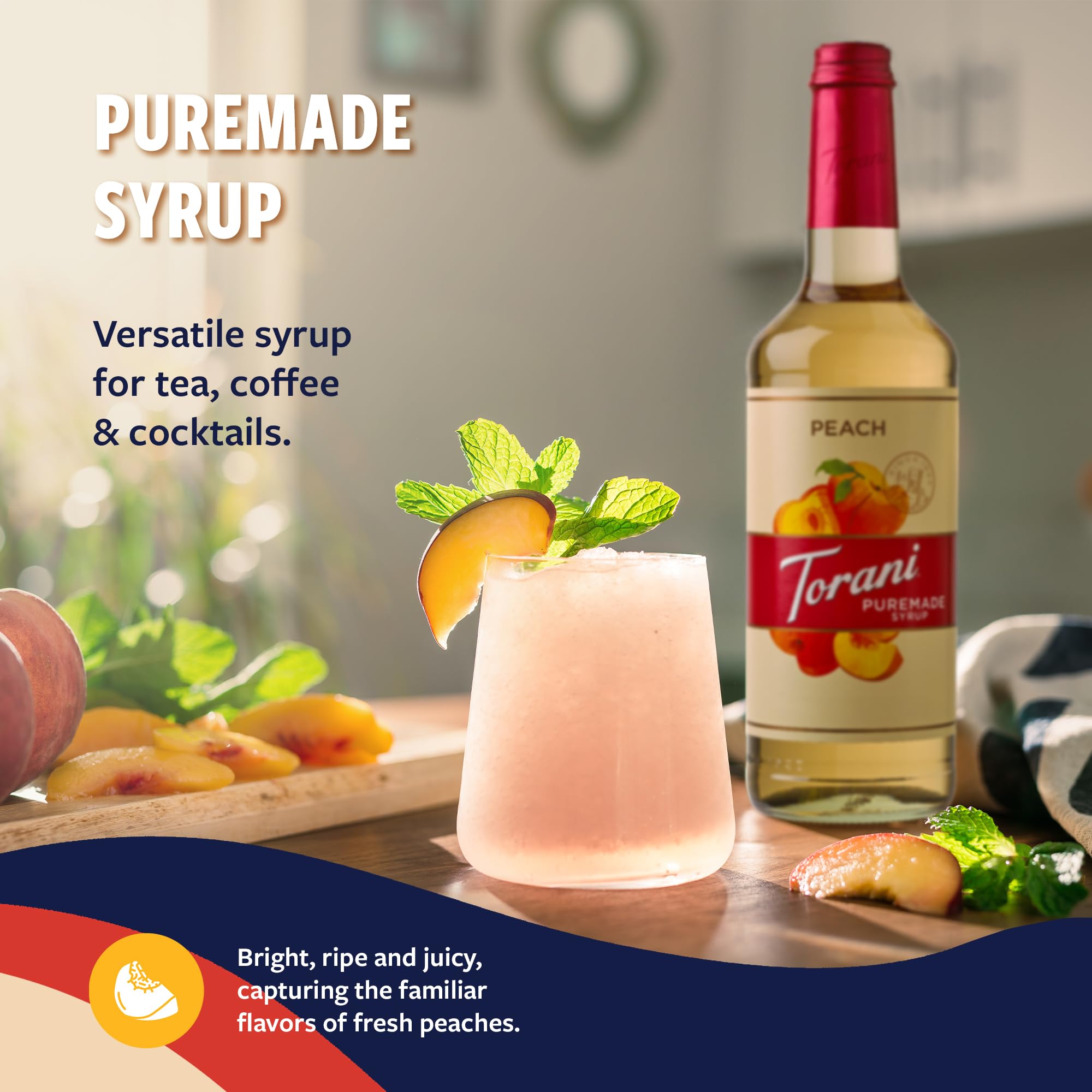 Glass Torani Puremade Peach Syrup bottle with pump in kitchen