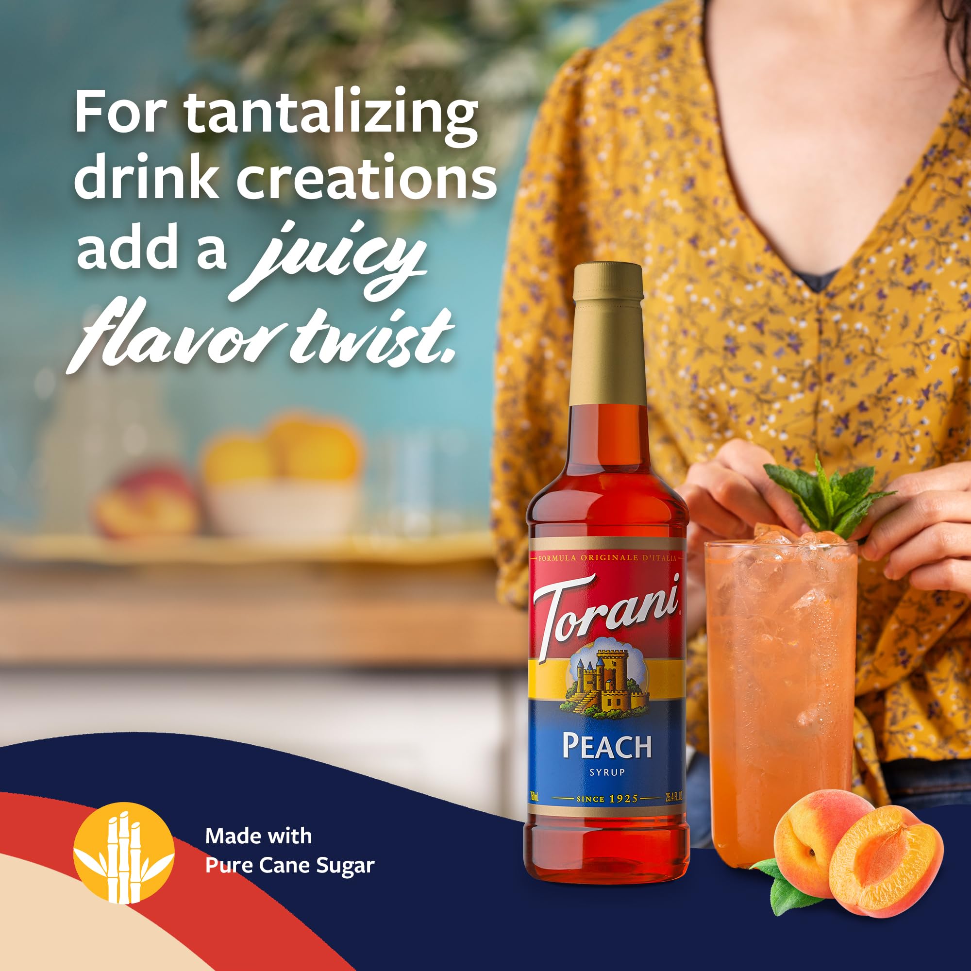 Torani Peach Syrup poured over iced tea for brightness