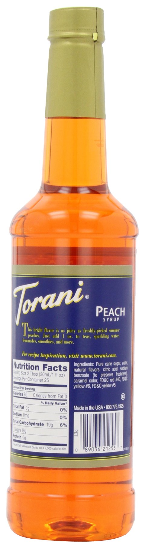 Torani Peach Syrup over ice in a tall glass, perfect for peach iced tea.