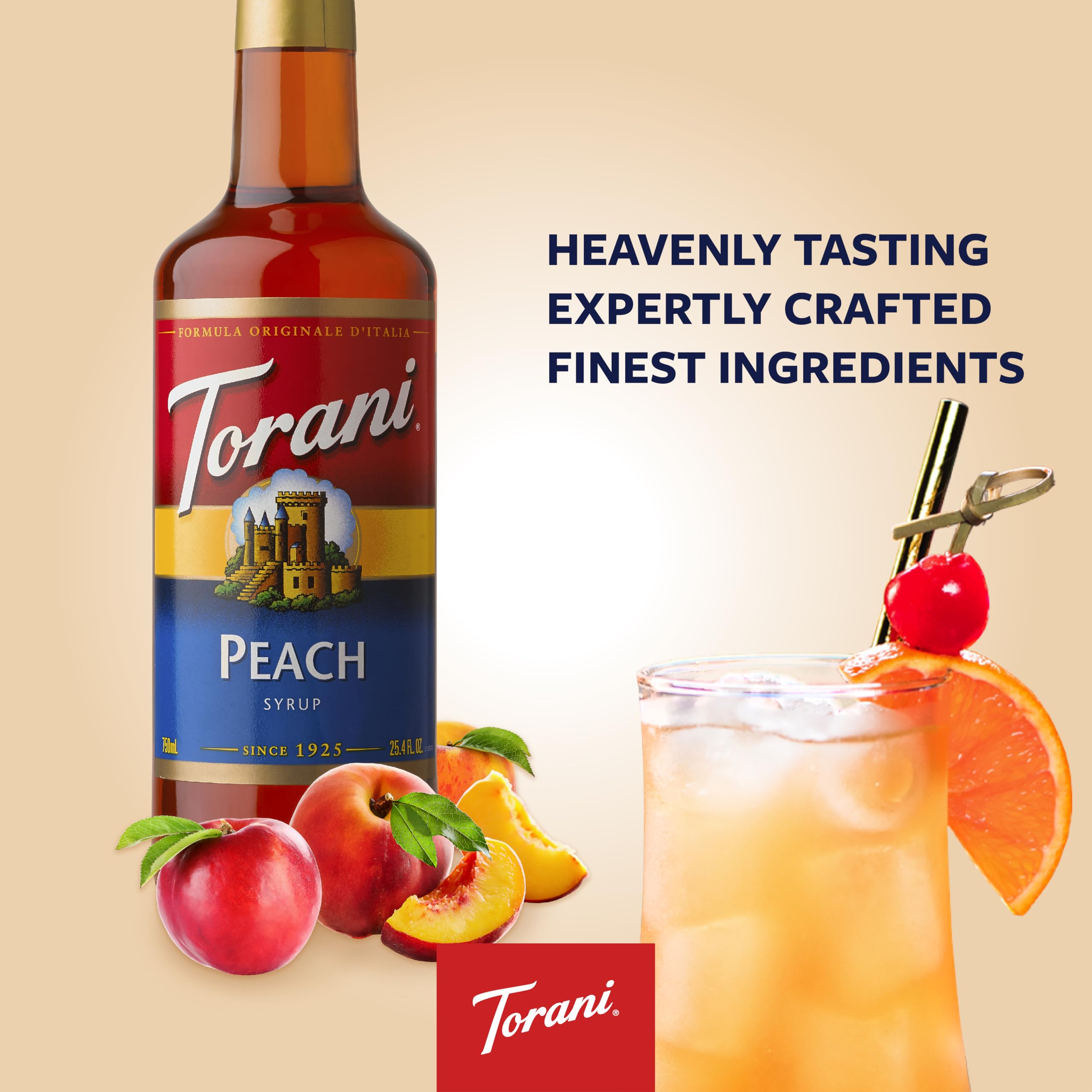 Label detail of Torani Peach Syrup emphasizing natural flavors.