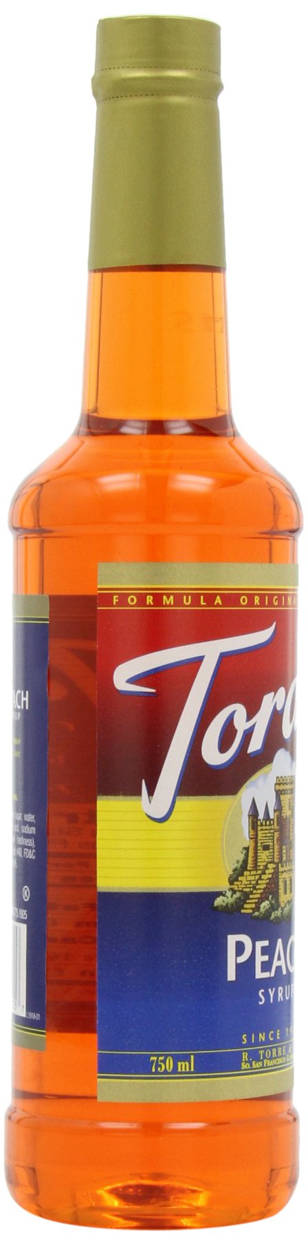 Torani Peach Syrup PET bottle packaging, recyclable materials support sustainability.