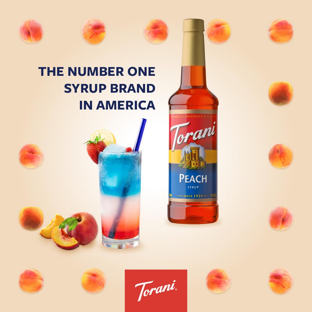 Torani Peach Syrup bottle with vibrant color under lighting.