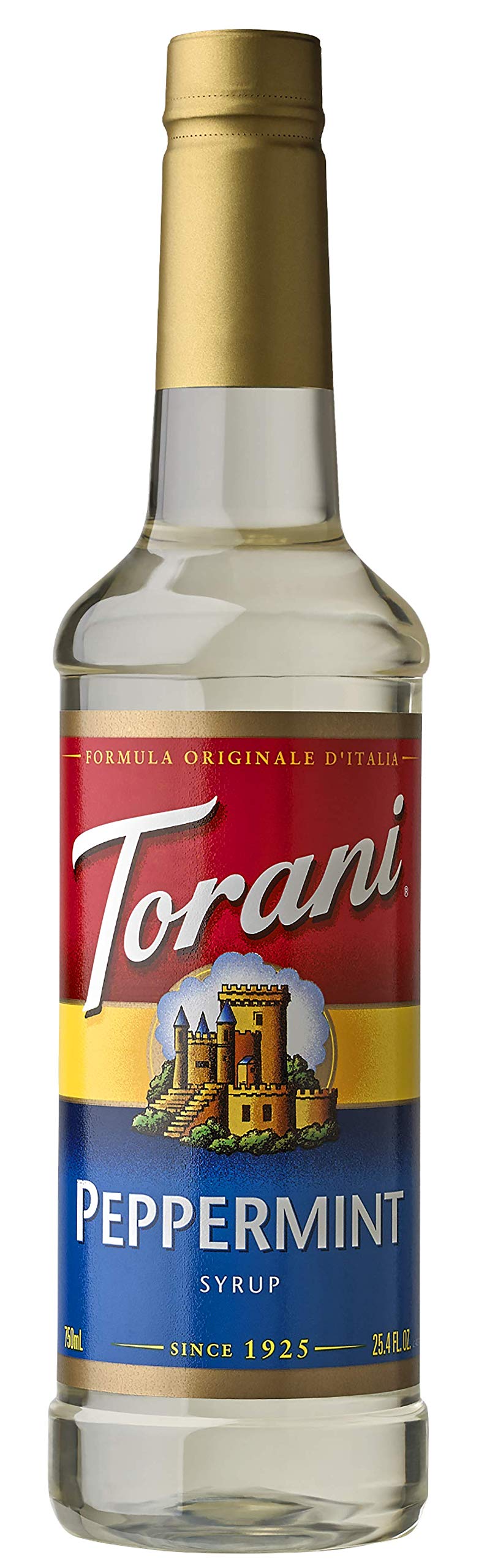 Torani Peppermint Syrup bottle enhances coffee, tea, and cocktails with a refreshing mint profile.