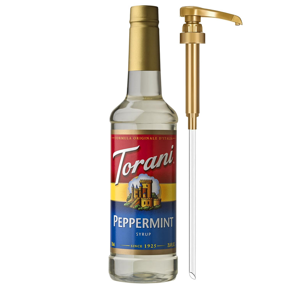 Torani Peppermint Syrup bottle with pump for easy flavoring in coffee