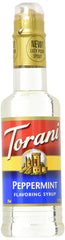 Torani Peppermint Syrup bottle pour for festive lattes and desserts.