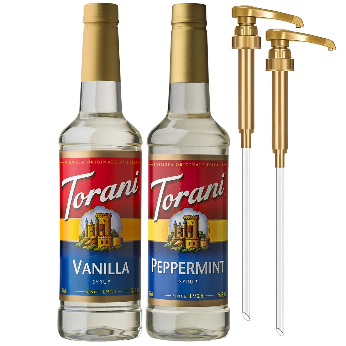 Torani peppermint syrup bottle with pump for quick flavor boosts in coffee.