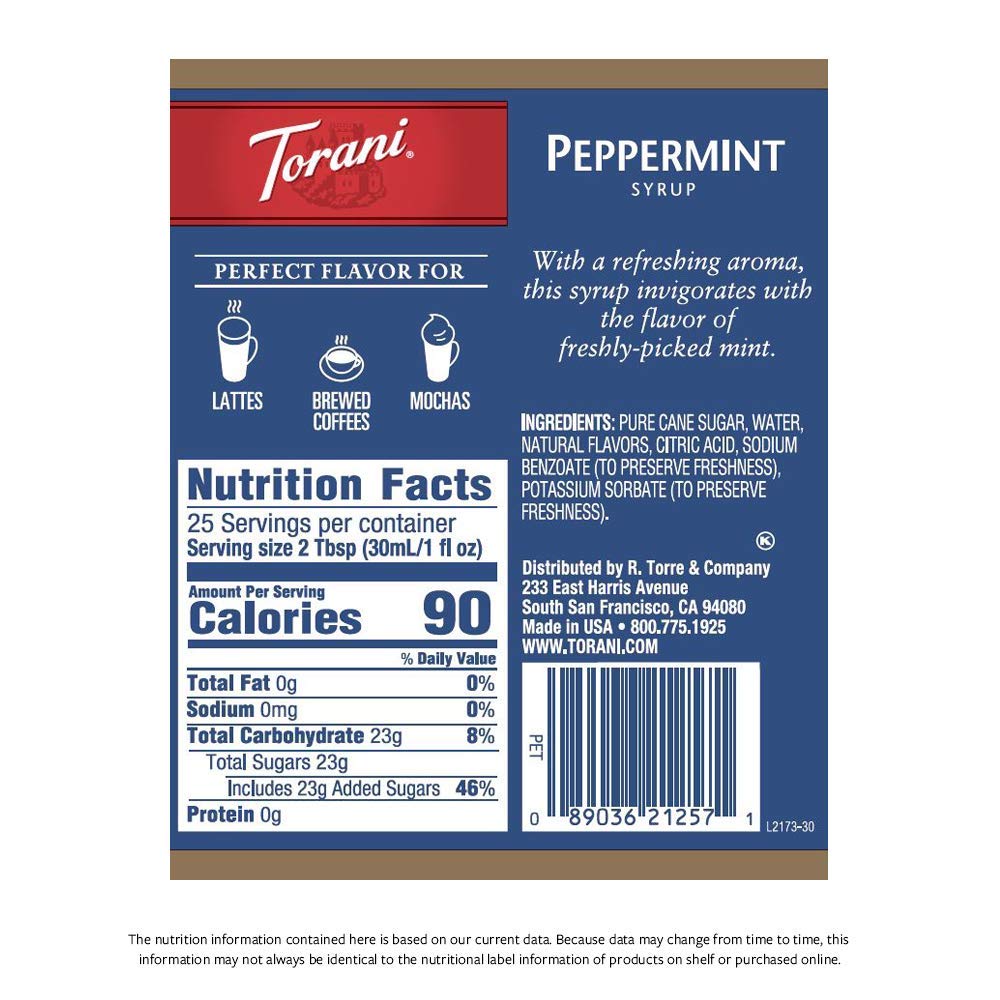Torani Peppermint Syrup on coffee or cocktails adds refreshing peppermint aroma