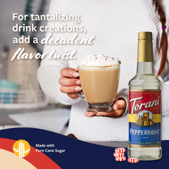Torani peppermint coffee creation with syrup drizzled into a cup