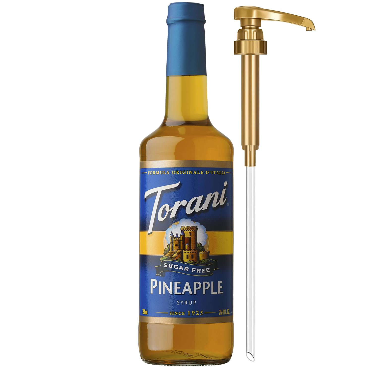Torani pineapple sugar-free syrup bottle with pump for easy, mess-free flavoring