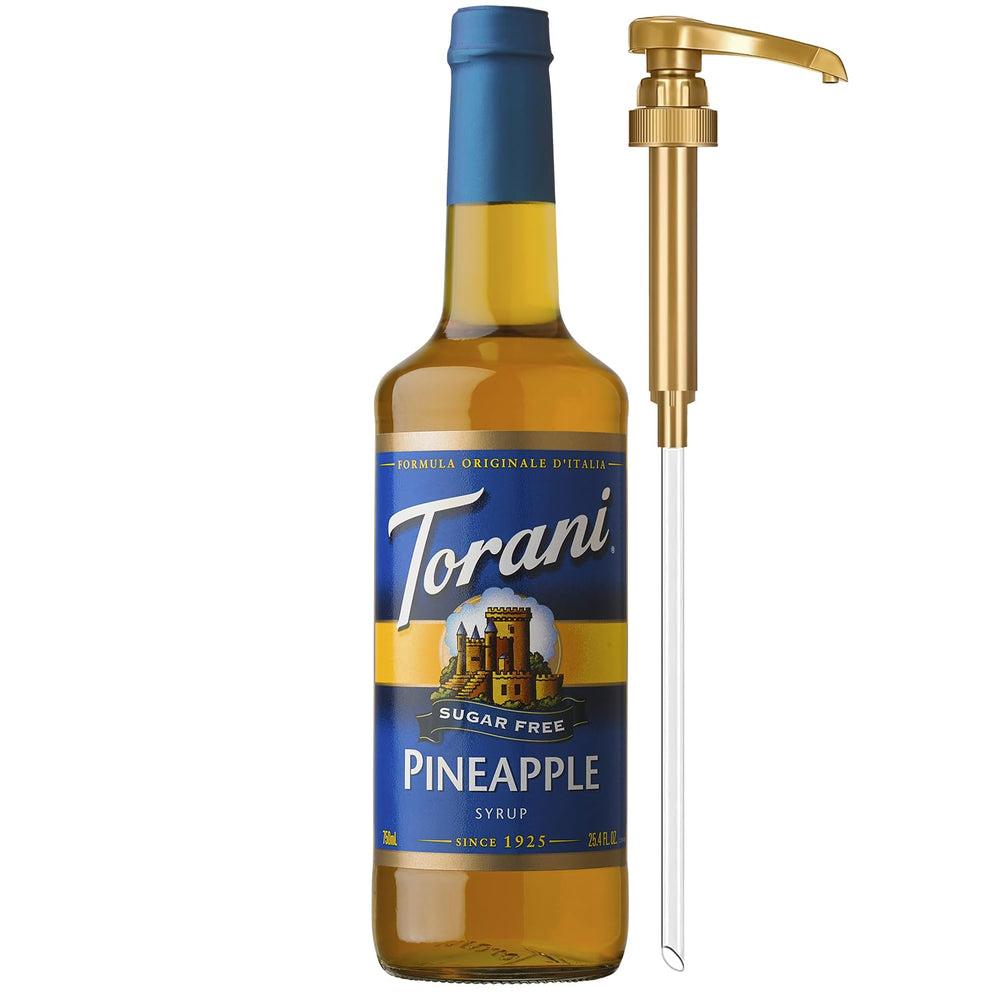 Torani pineapple sugar-free syrup bottle with pump for easy, mess-free flavoring