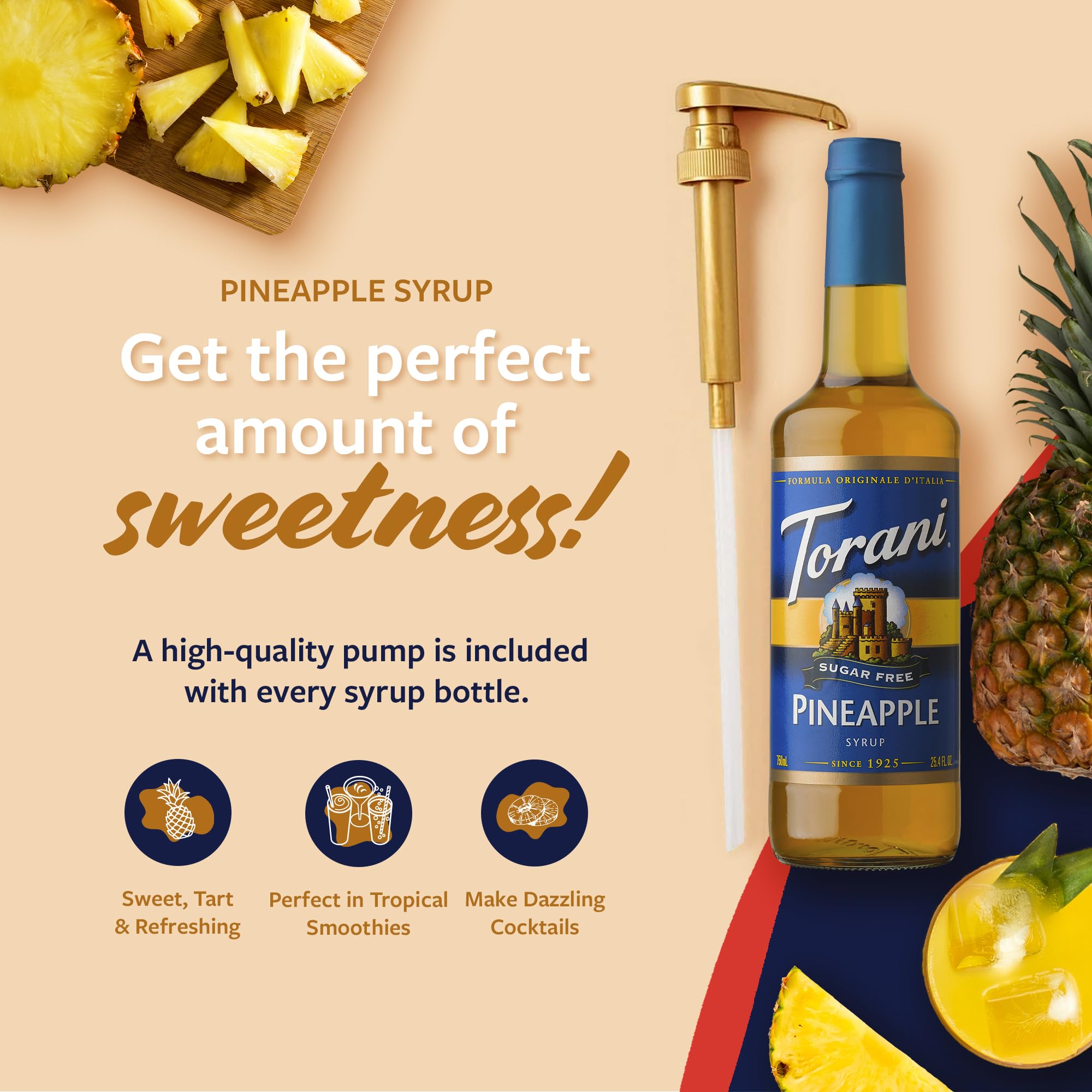 Pineapple sugar-free Torani for cocktails, mocktails, and refreshing iced teas