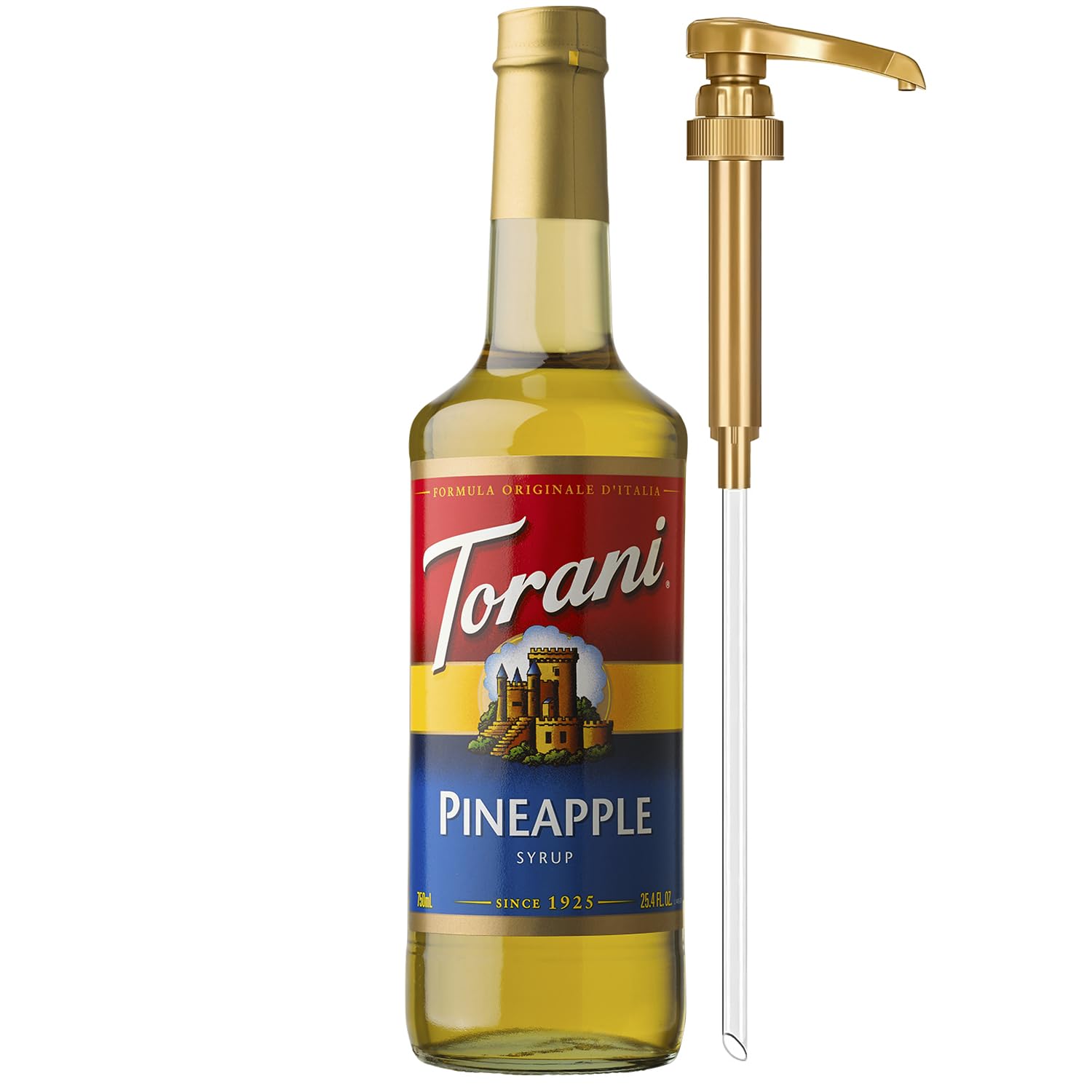 Torani Pineapple Syrup bottle with pump for easy, mess-free flavoring in drinks.