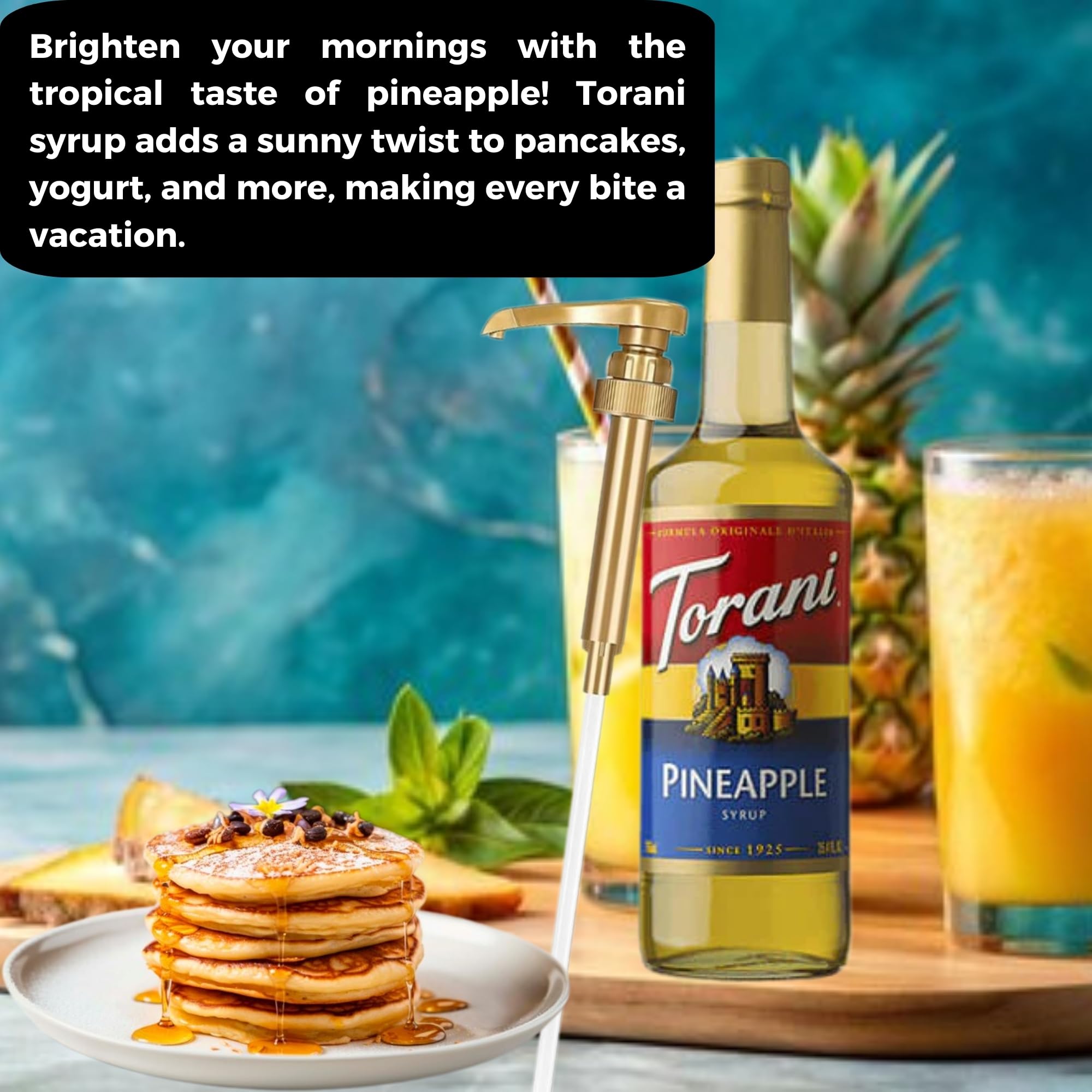 Torani Pineapple Syrup coffee pour, enhances iced coffee with bright pineapple notes.