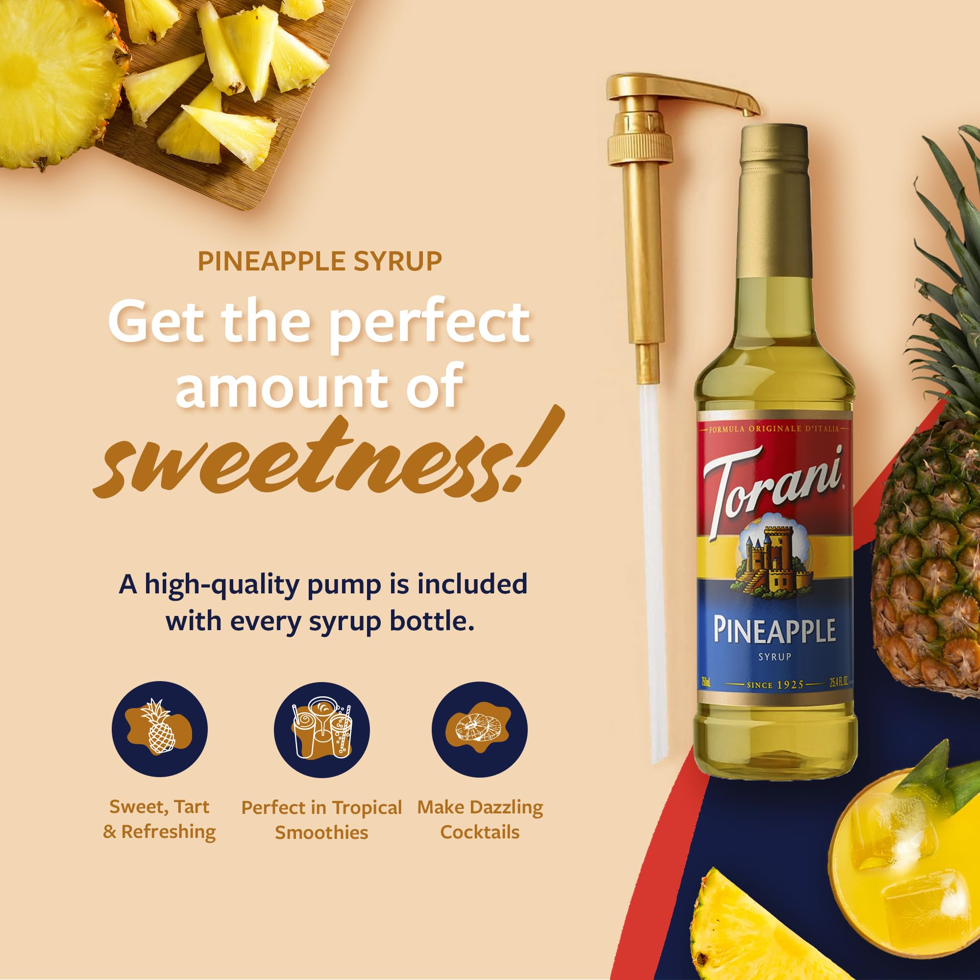 Torani Pineapple Syrup pump in use dispensing precise sweetness.