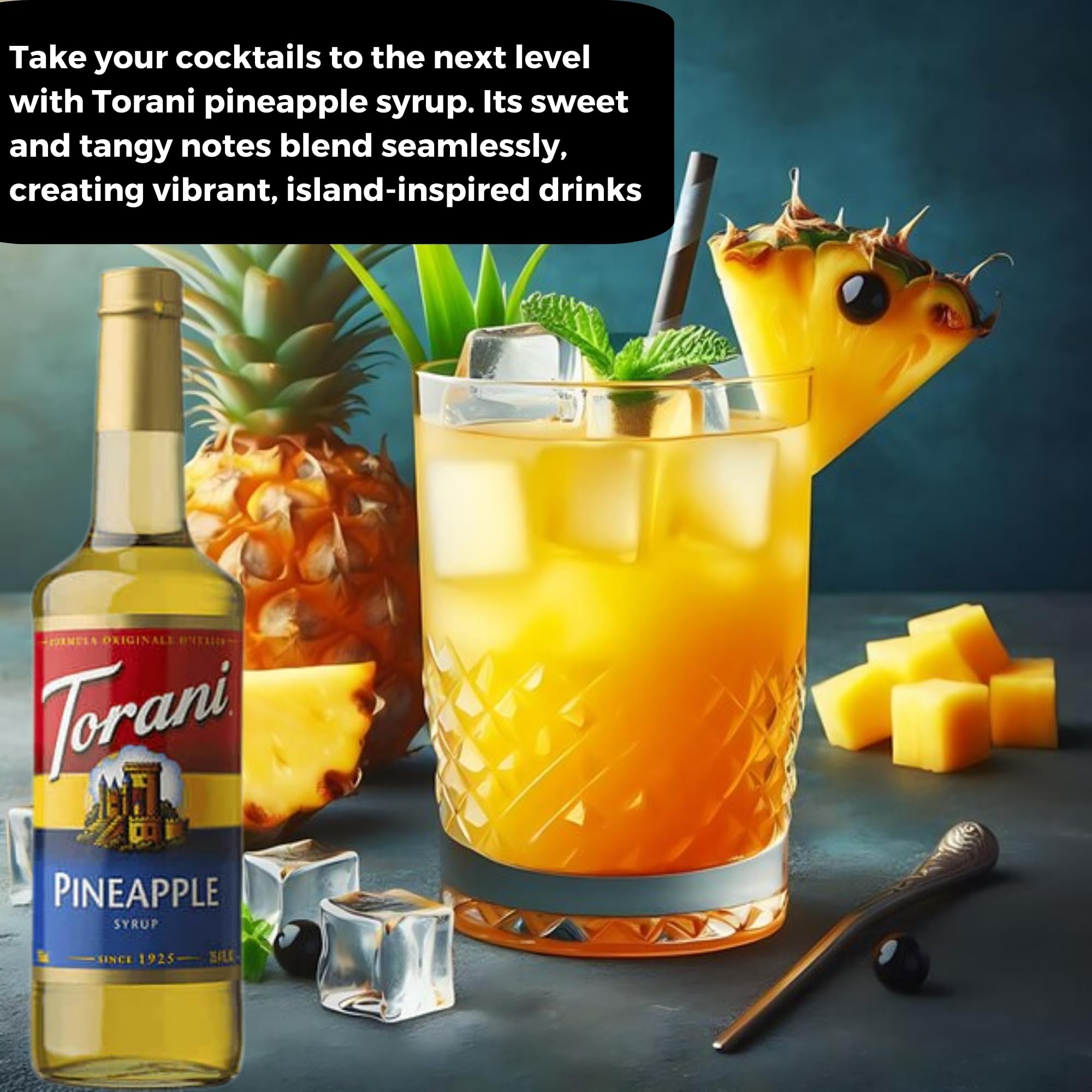 Torani Pineapple Syrup pump dispenser, easy mess-free portion control for beverages.