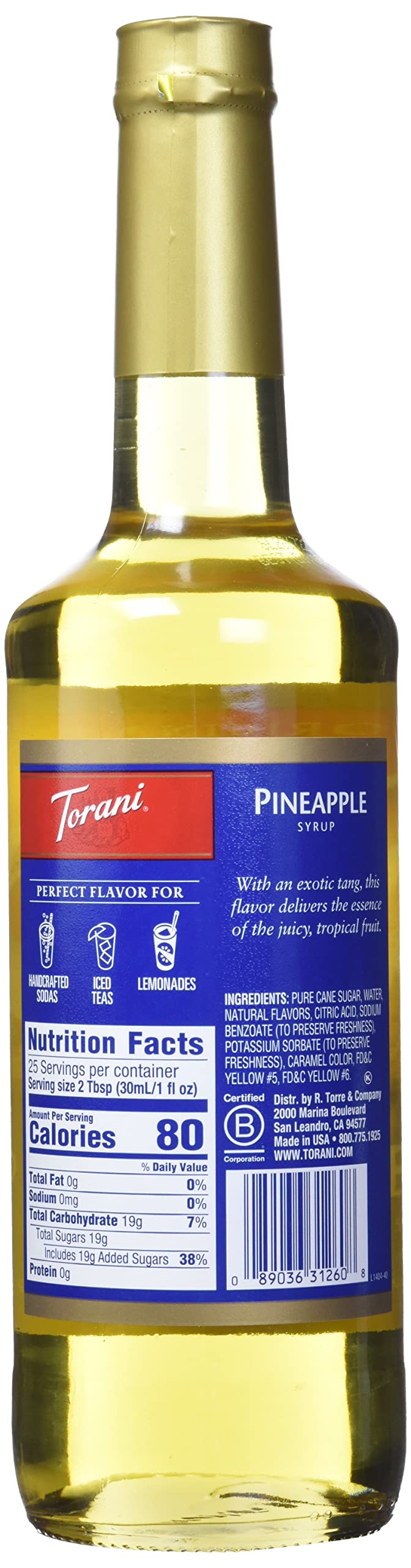 Torani Pineapple Syrup teacup with ice showing refreshing aroma.
