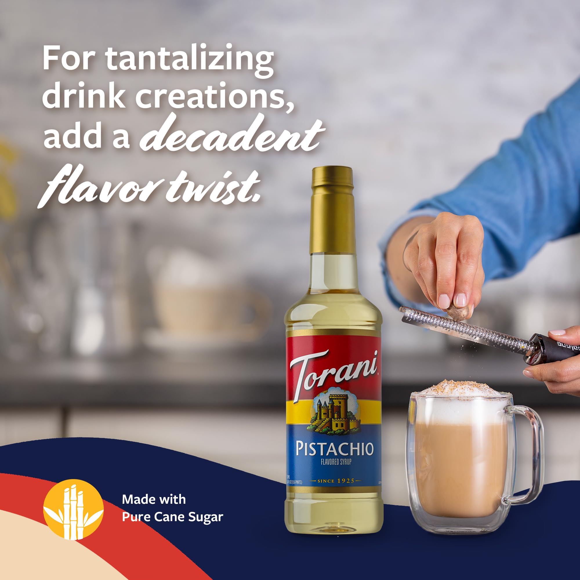 Torani Pistachio Syrup 750ml bottle on counter for home use.