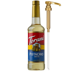 Torani Pistachio Coffee Syrup bottle with pump for easy, mess-free flavoring.