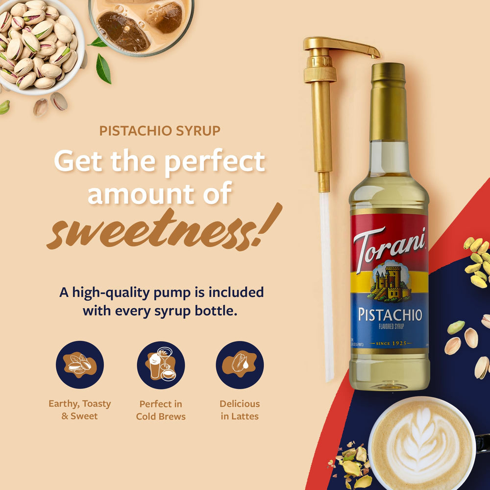 Torani Pistachio Syrup pump-dispense shot highlights controlled sweetness.