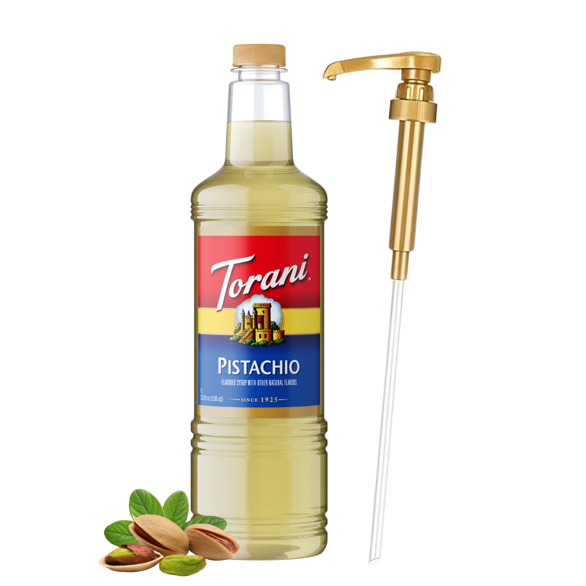 Torani Pistachio Syrup with Pump bottle for cafe-quality flavor at home.