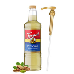 Torani Pistachio Syrup with Pump bottle for cafe-quality flavor at home.