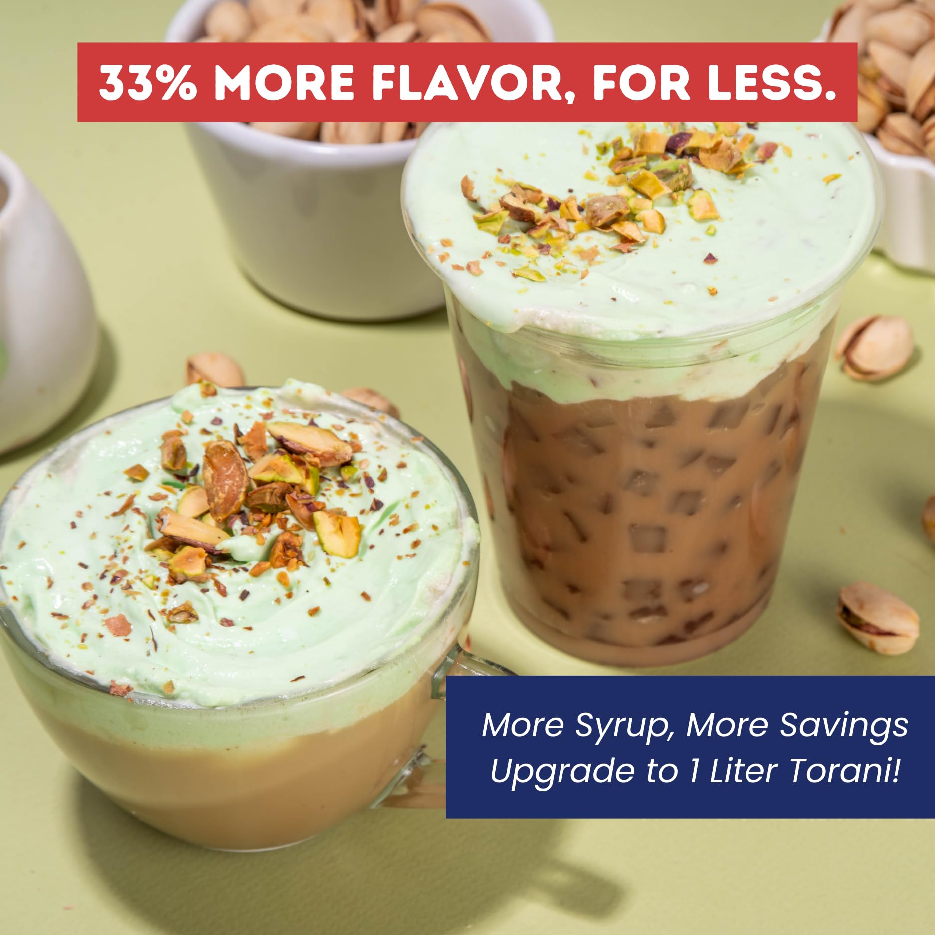 Torani Pistachio Syrup enhances lattes with toasted pistachio depth.