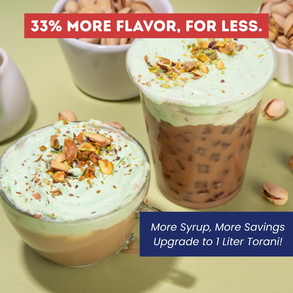 Torani Pistachio Syrup enhances lattes with toasted pistachio depth.