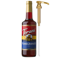 Torani pomegranate syrup bottle with pump for mess-free flavoring in drinks