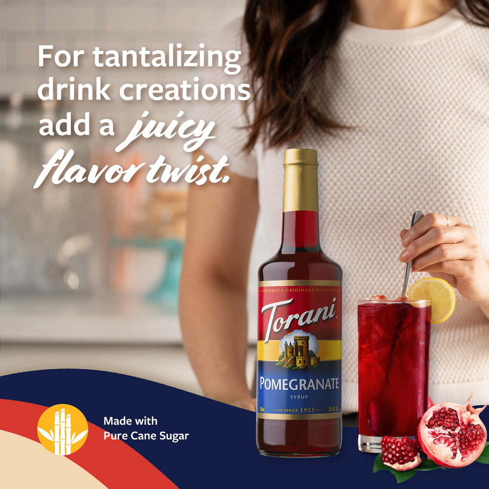 Torani pomegranate syrup on iced tea glass for a refreshing drink