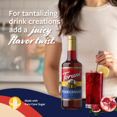 Torani pomegranate syrup on iced tea glass for a refreshing drink