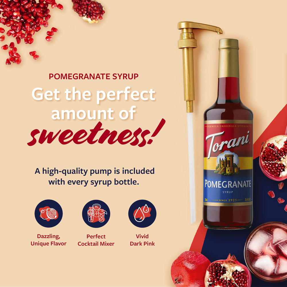 Torani pomegranate syrup poured into a cocktail for vibrant flavor