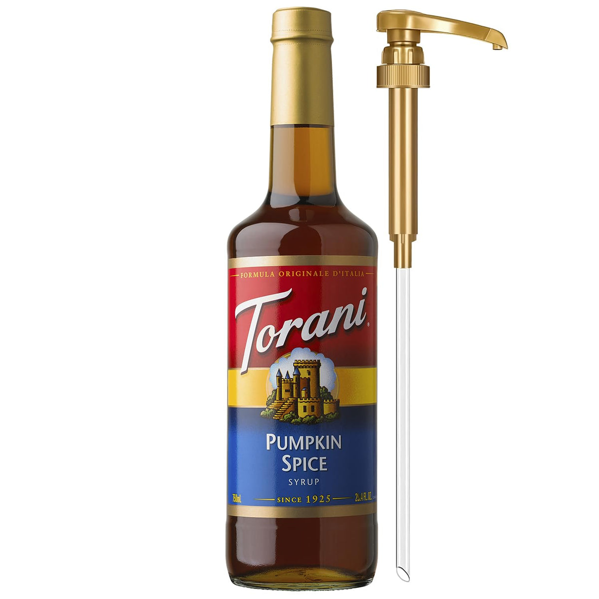 Torani glass bottle with pump highlights premium pumpkin spice flavor for easy café-style drinks.