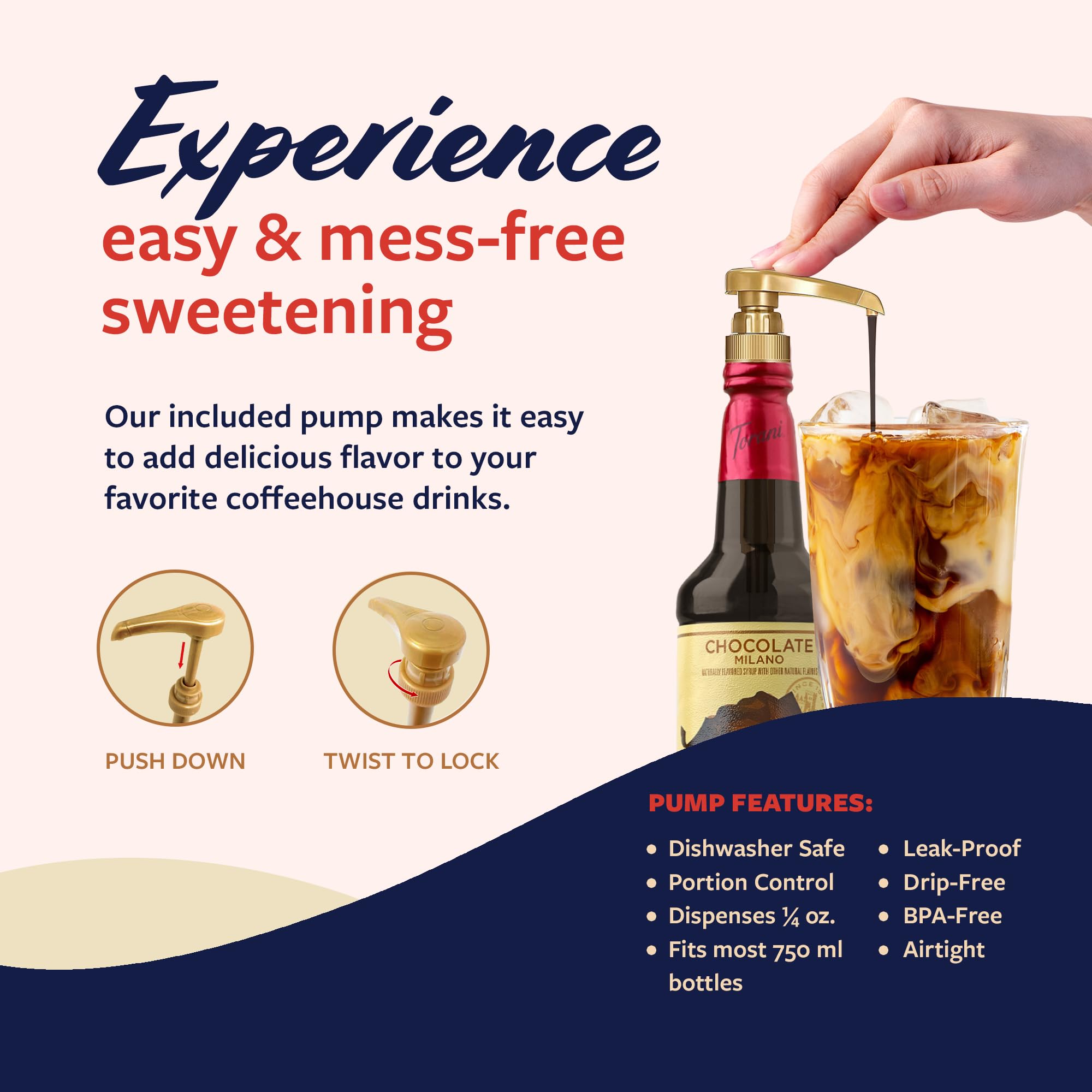 Torani pump included for mess-free, controlled sweetening of Milano syrup.
