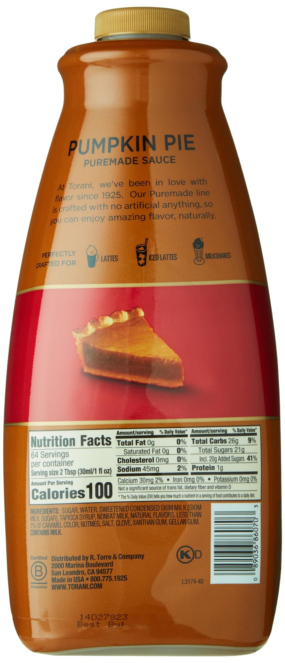 Torani Pumpkin Pie Puremade Sauce ingredients highlight traditional flavors