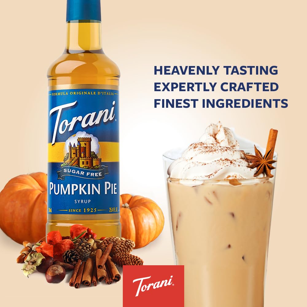 Torani Syrup label on Pumpkin Pie bottle emphasizes festive use.