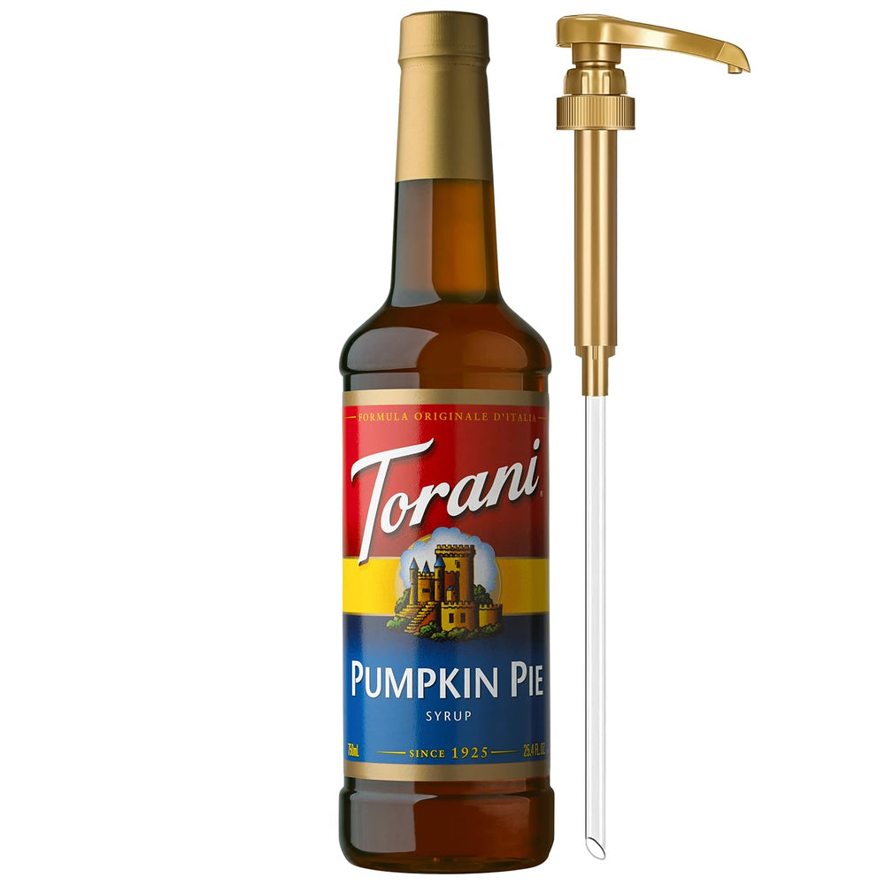 Torani Pumpkin Pie Syrup bottle with pump for easy flavoring.