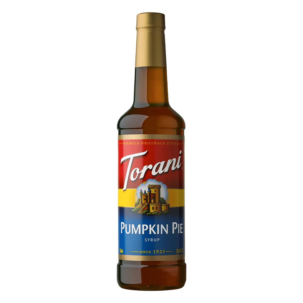 Torani Pumpkin Pie Syrup bottle ready to flavor autumn coffees.