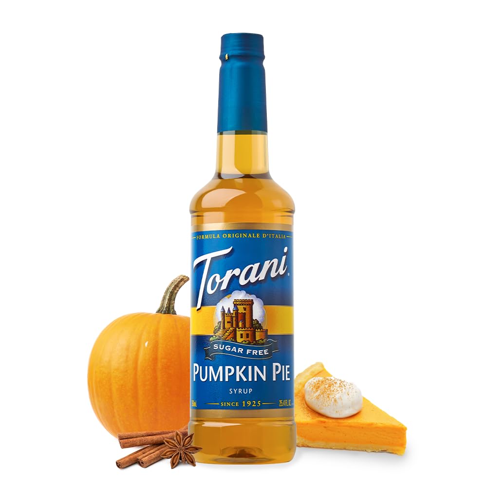 Torani pumpkin spice syrup on countertop for holiday drinks.