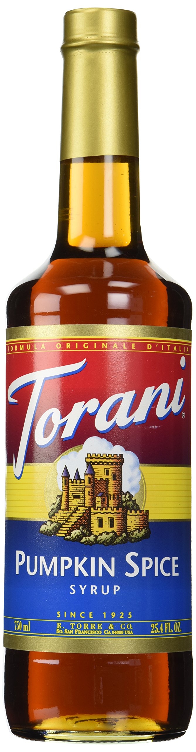 Torani Pumpkin Spice Coffee Syrup bottle adds warm latte flavor and holiday aroma.