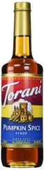 Torani Pumpkin Spice Coffee Syrup bottle adds warm latte flavor and holiday aroma.