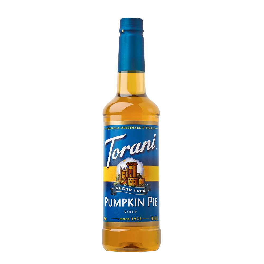 Torani Sugar Free Pumpkin Pie Syrup bottle highlights rich fall flavor.