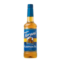 Torani Sugar Free Pumpkin Pie Syrup bottle highlights rich fall flavor.