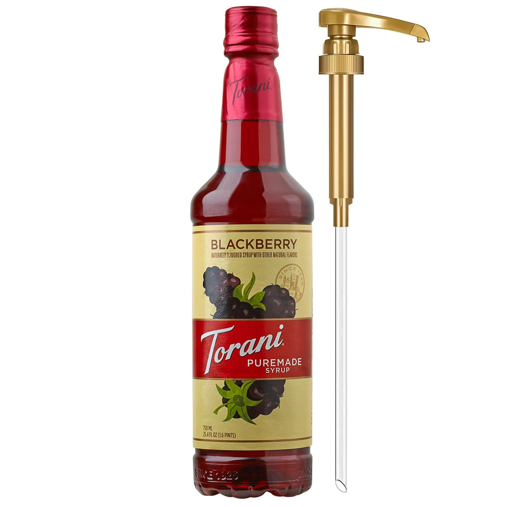 Torani Puremade Blackberry Syrup with pump for mess-free pouring.