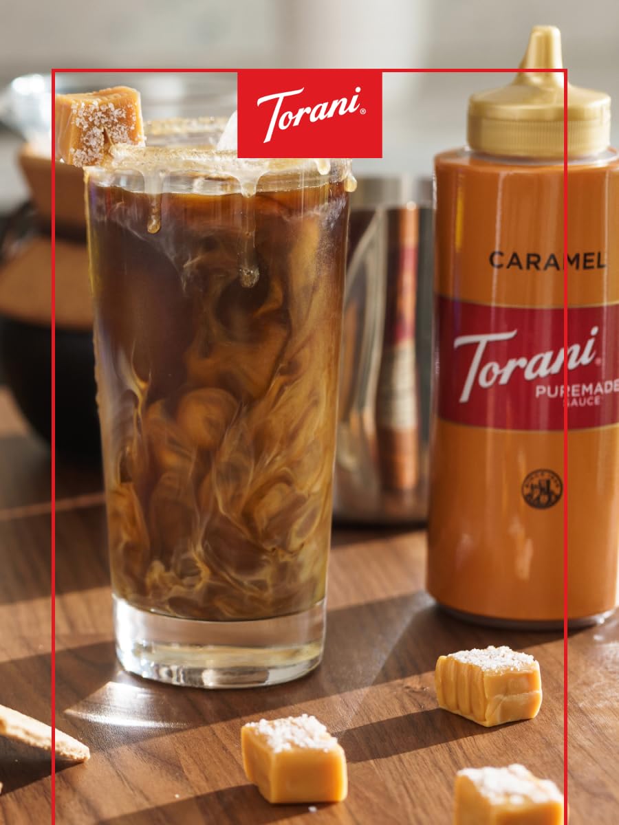 Torani Puremade Caramel Sauce 64 oz bottle on shelf ready for family use