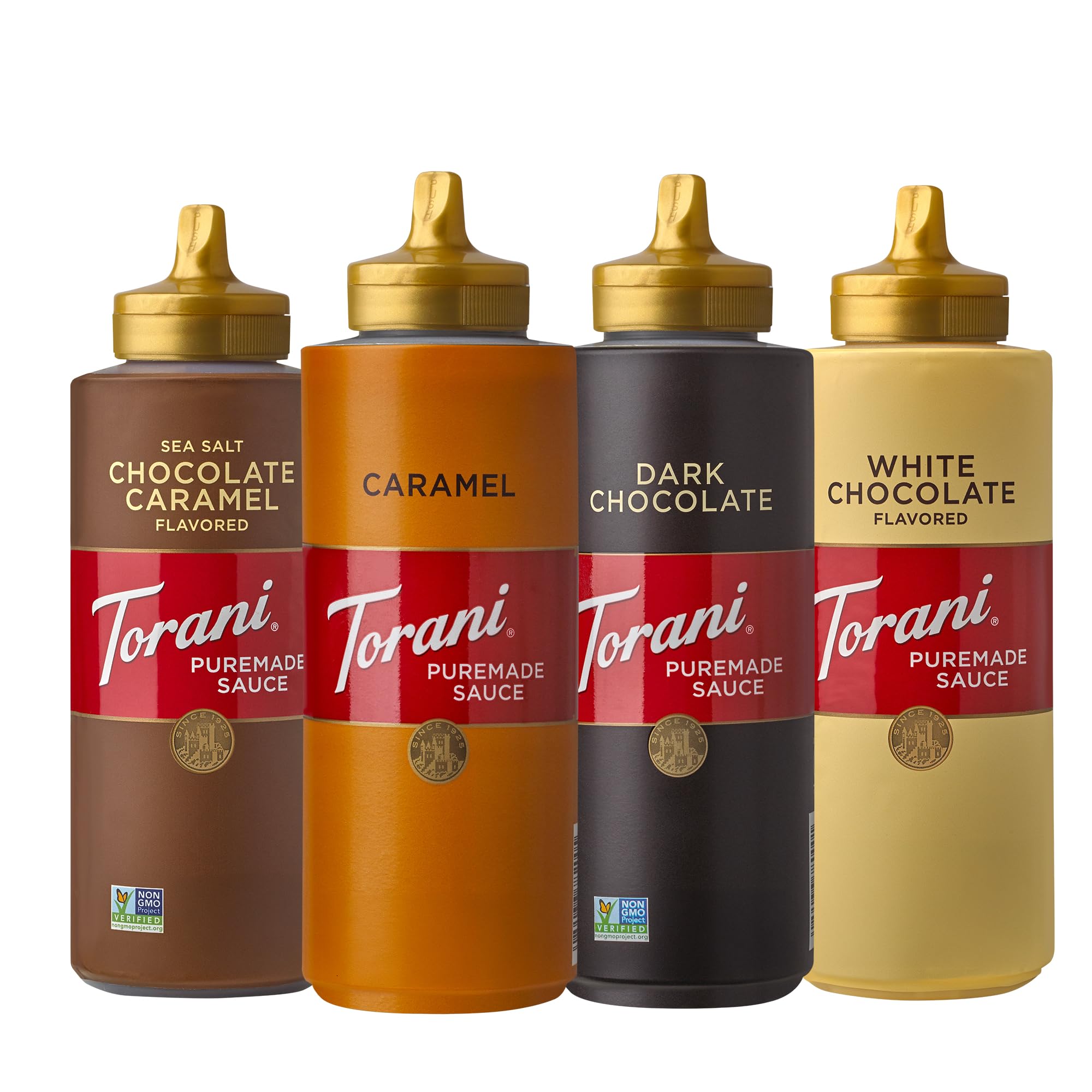 Torani Puremade Chocolate Caramel sauce bottle pour over coffee and desserts