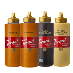 Torani Puremade dark chocolate sauce bottle pouring over ice cream for rich dessert flavor