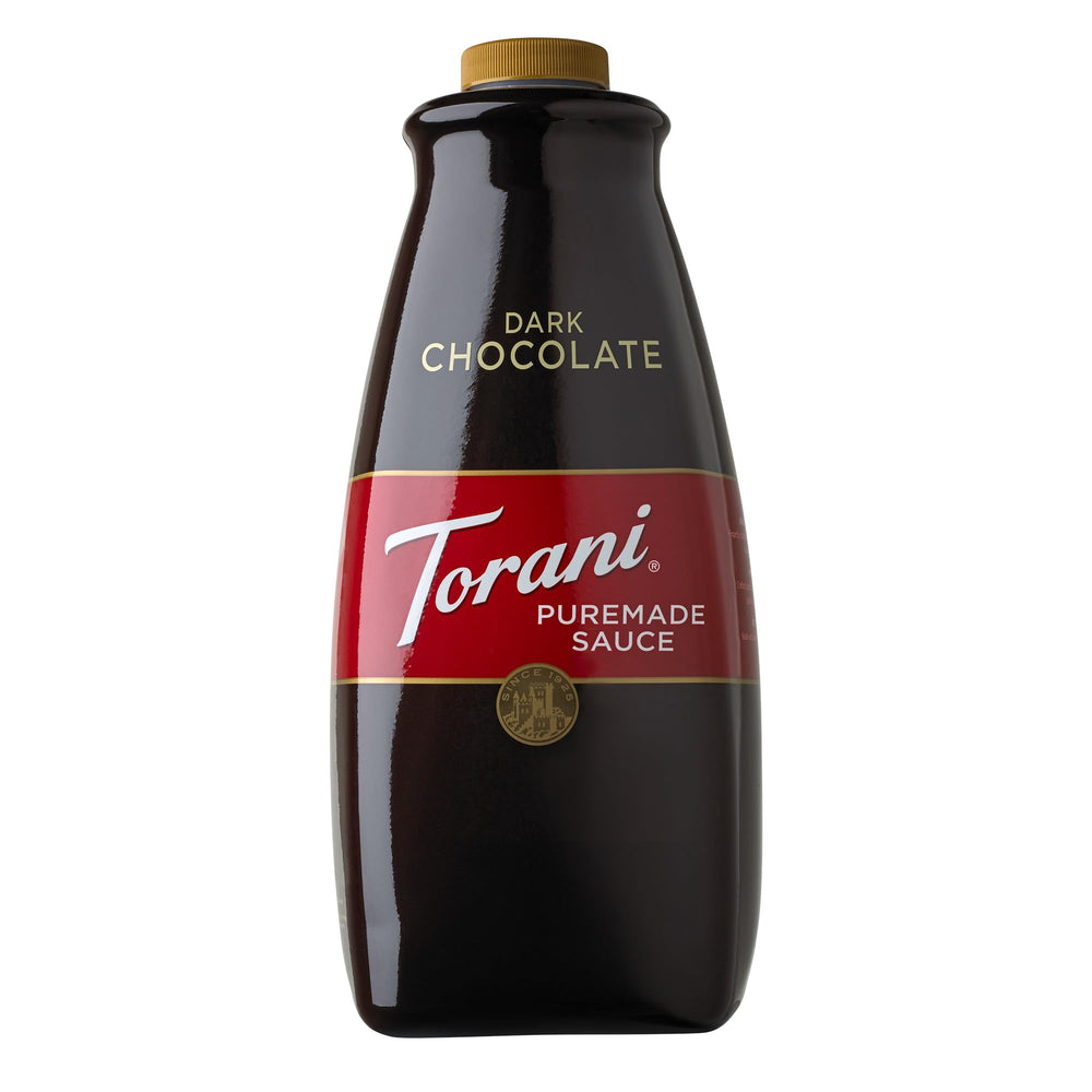 Torani Puremade Dark Chocolate Sauce bottle front showcases rich flavor for lattes.